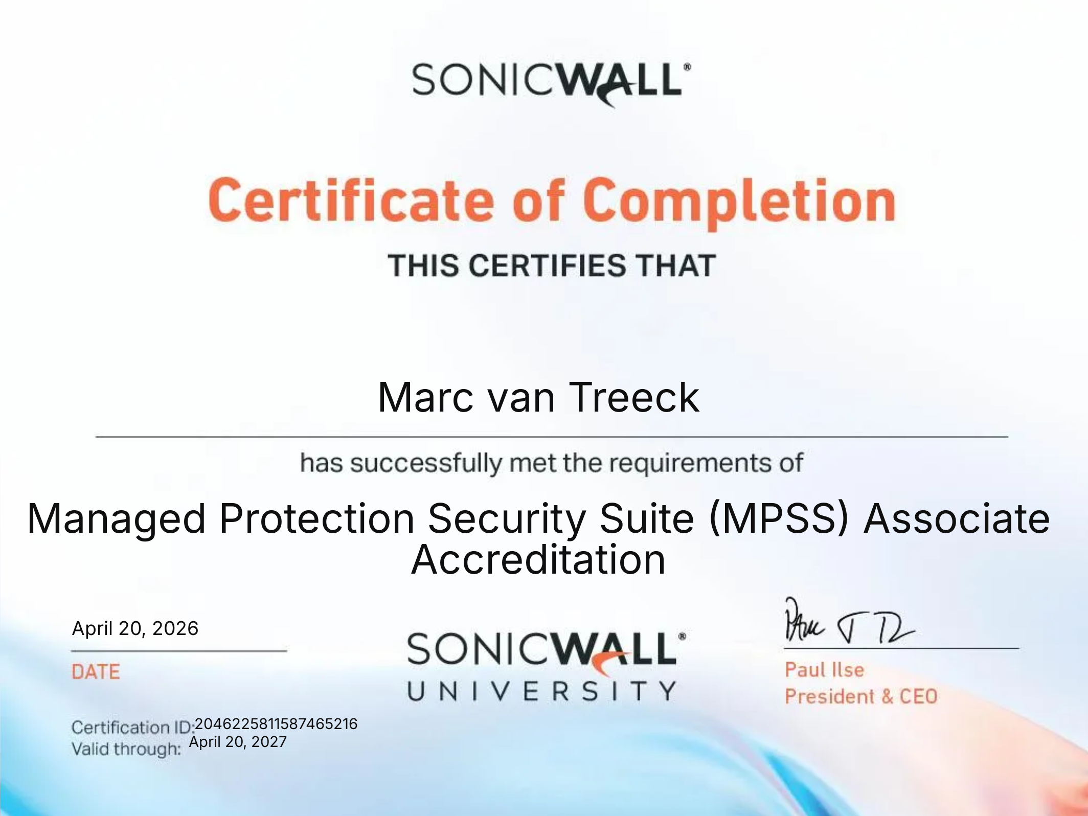 SonicWall Managed Protection Security Suite MPSS Associate Akkreditierung von Marc van Treeck für NudgeMe IT Solutions und Managed Security Services