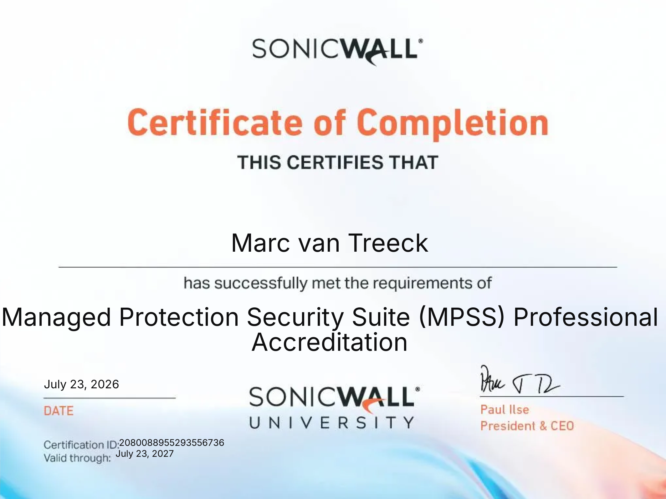 SonicWall Managed Protection Security Suite MPSS Professional Akkreditierung von Marc van Treeck für NudgeMe IT Solutions und aktiv gemanagten Firewall-Betrieb